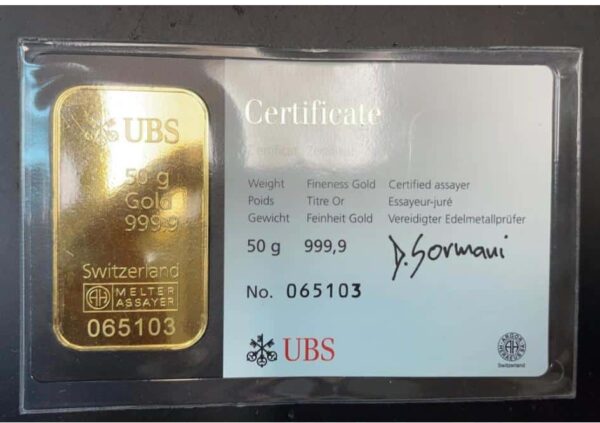 Lingote de oro suizo 50 gramos 999.9